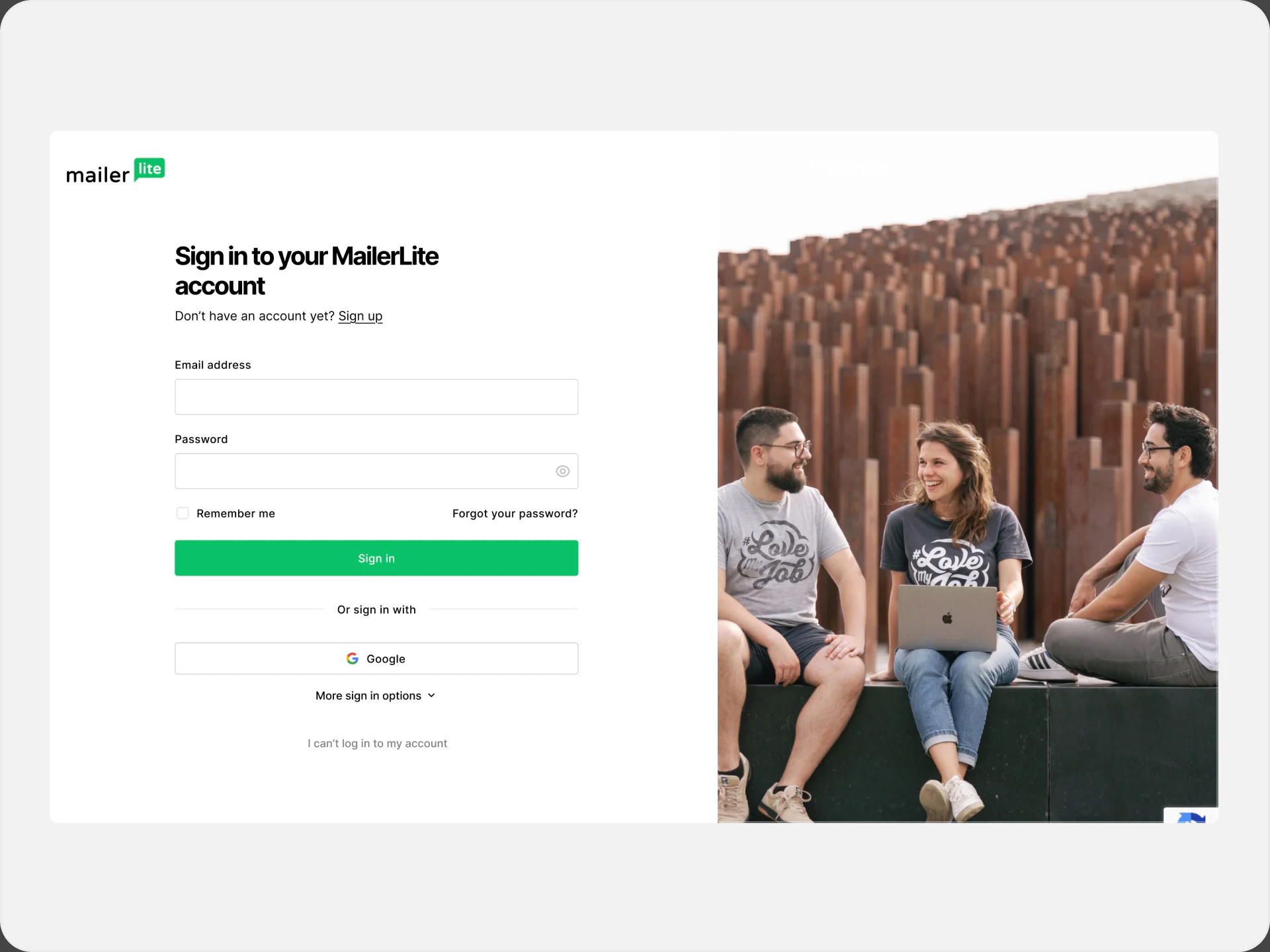 MailerLite sign-up interface with social authentication choices beside a customer photograph.
