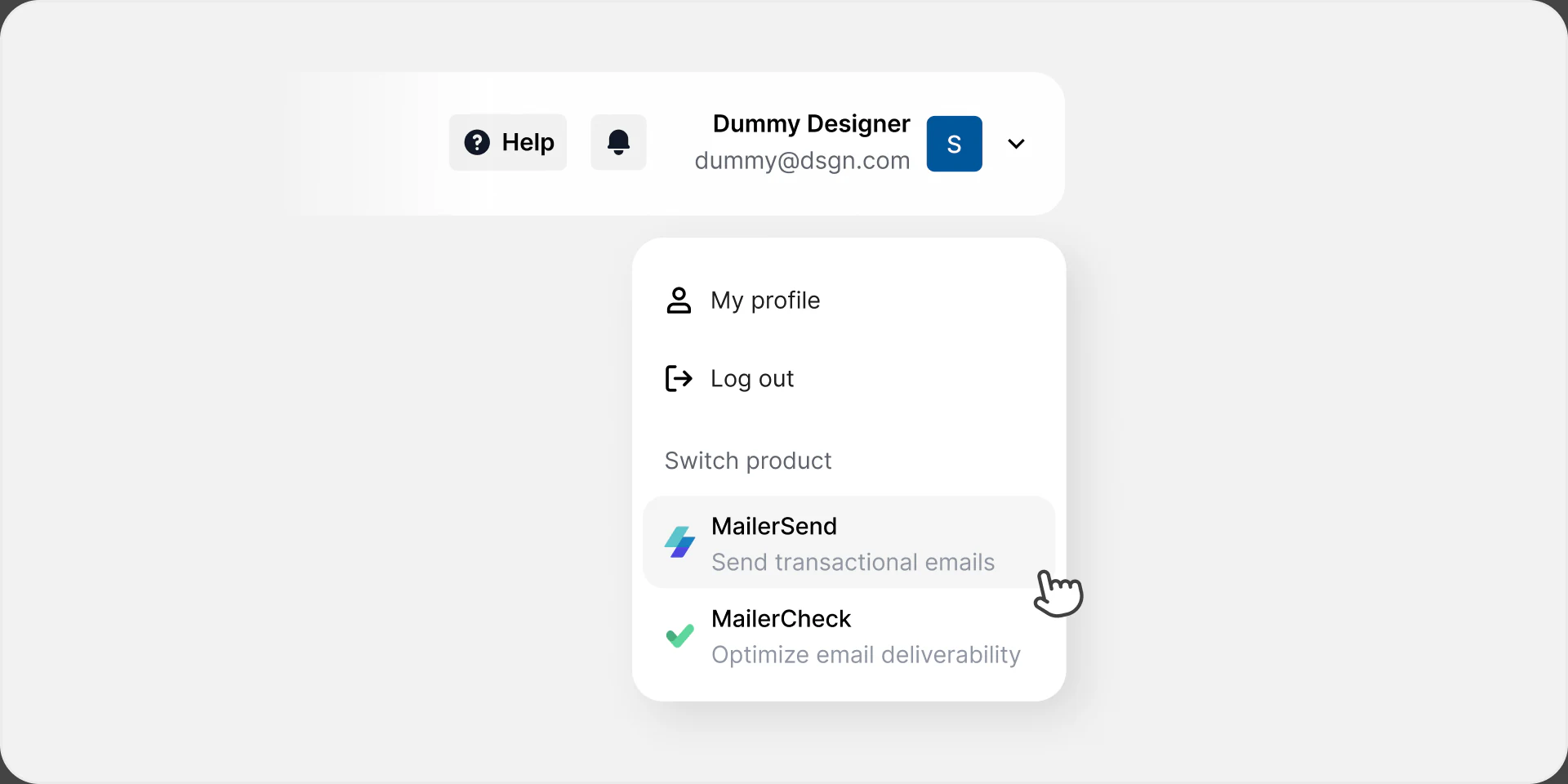 MailerLite profile menu and product switching options.