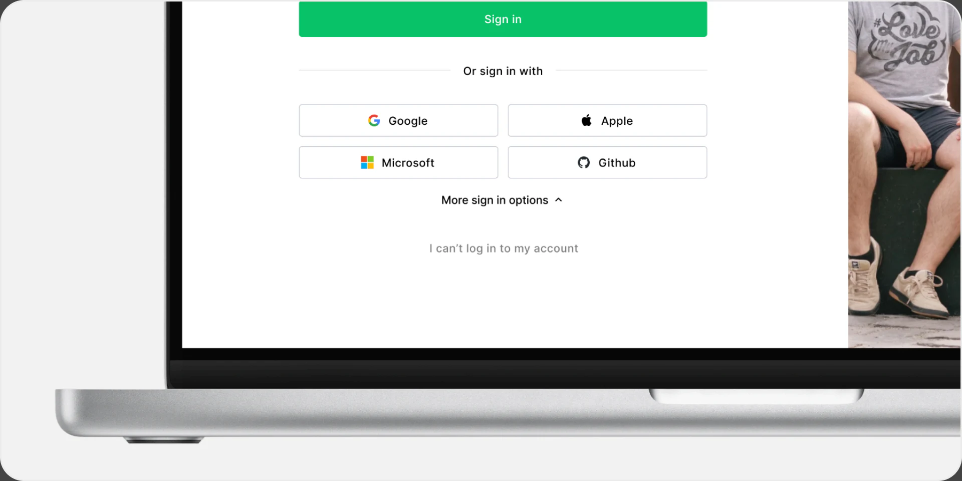 MailerLite sign-in screen on a laptop with Google, Apple, Microsoft and GitHub options.