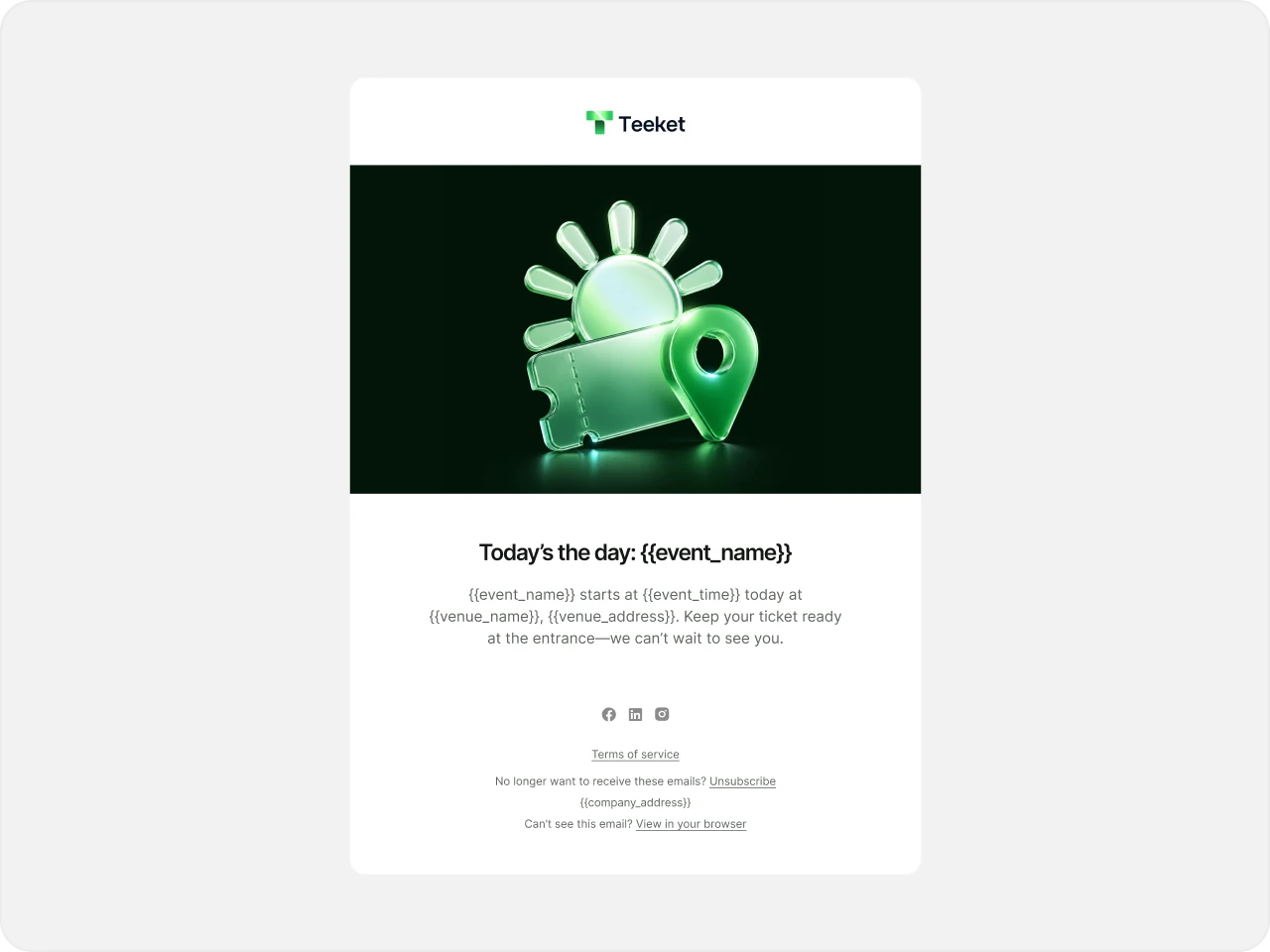 Teeket event-day reminder email template with event details and a ticket illustration.