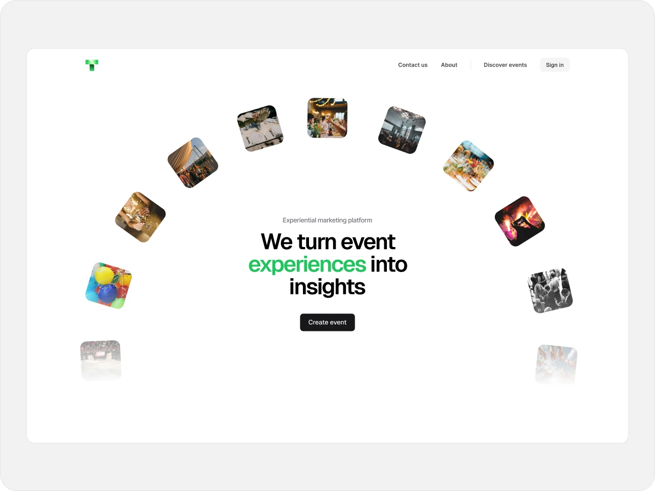 Teeket landing page with the message We turn event experiences into insights and imagery of different events.