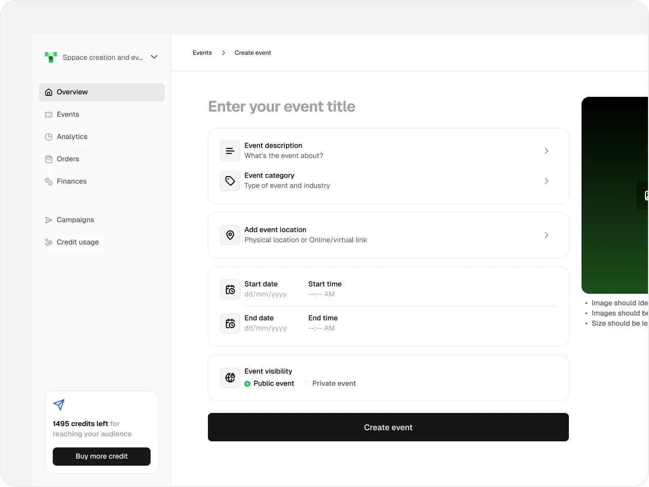 After: Teeket event creation puts essential details and a Create event action on one screen.