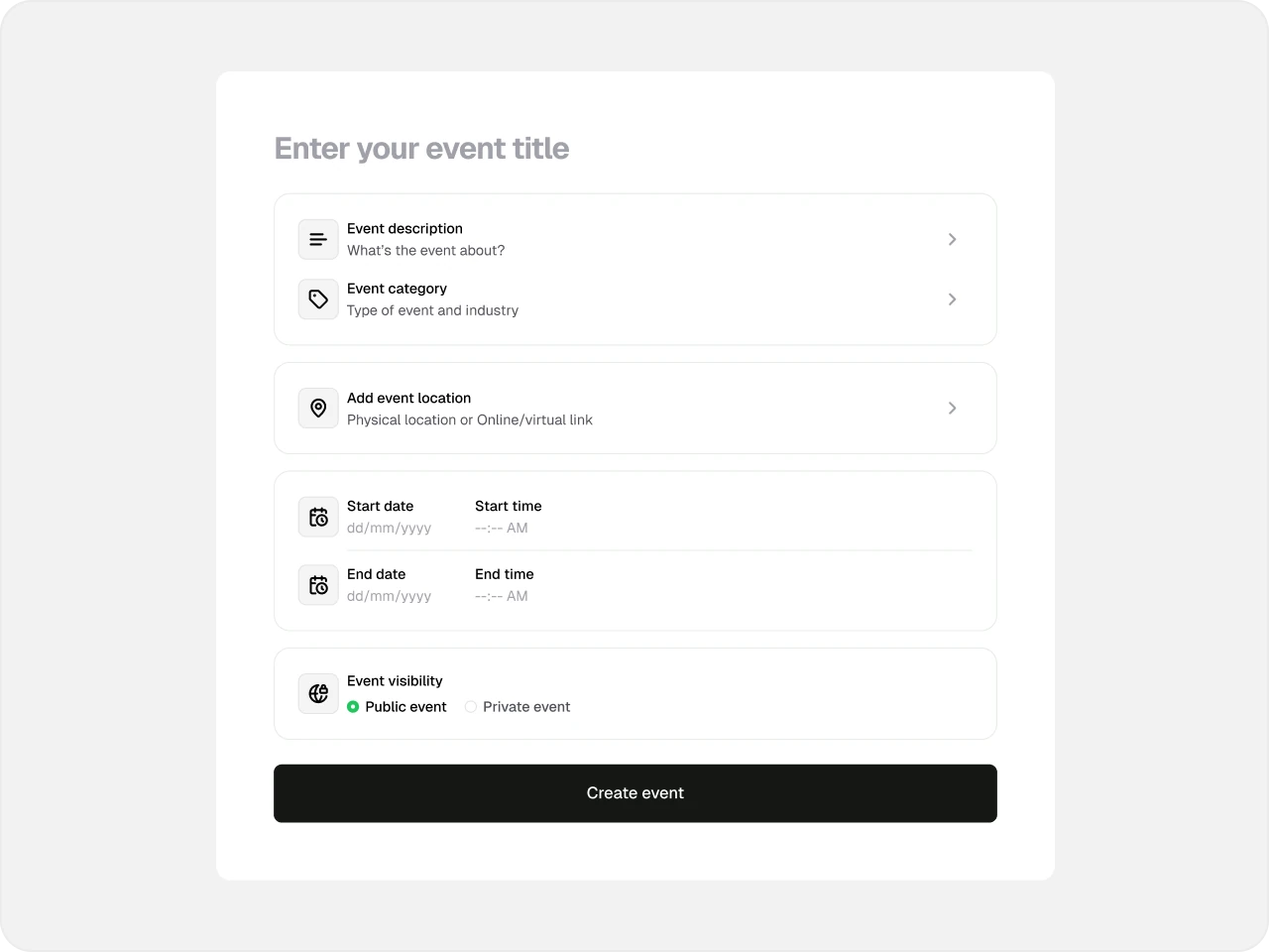 Redesigned single-step event creation form with essential event details and a Create event button.